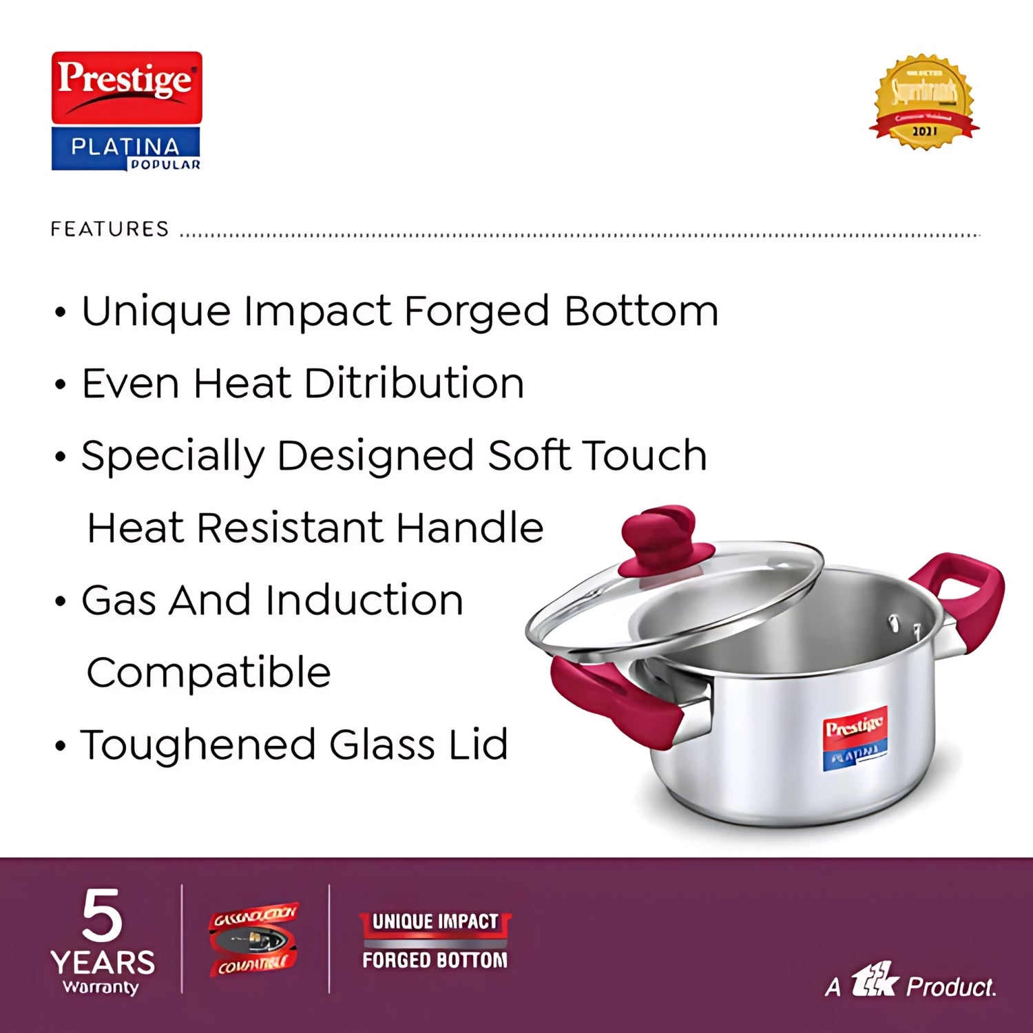 Prestige Platina Popular SS Casserole with Glass Lid 18 cm \ 2 L_3