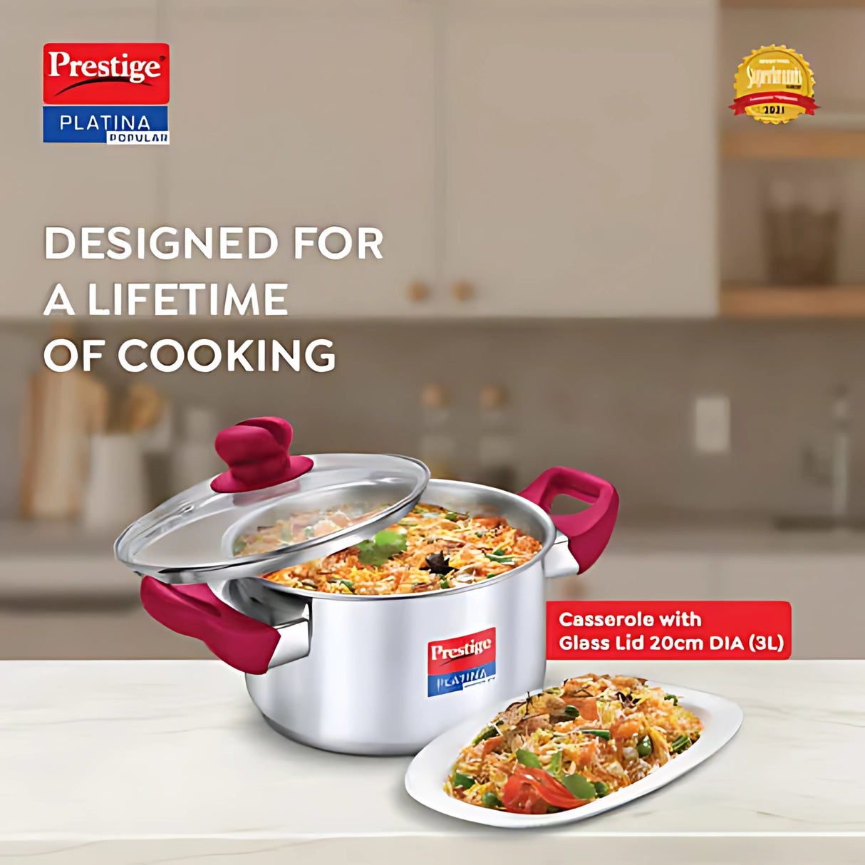 Prestige Platina Popular SS Casserole with Glass Lid 20 cm \ 3 L_2