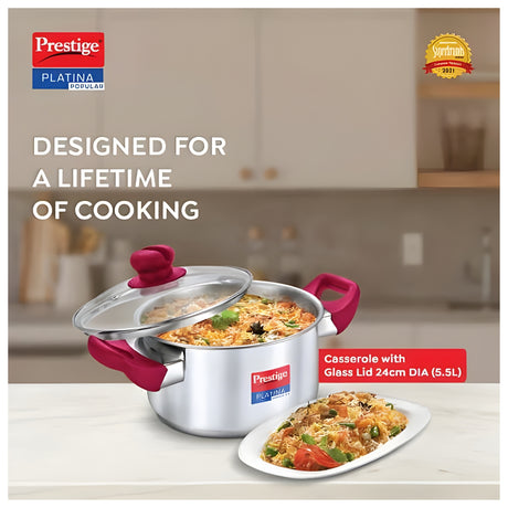 Prestige Platina Popular SS Forged Bottom Casserole with Glass Lid - 24 cm \ 5.5 L_2