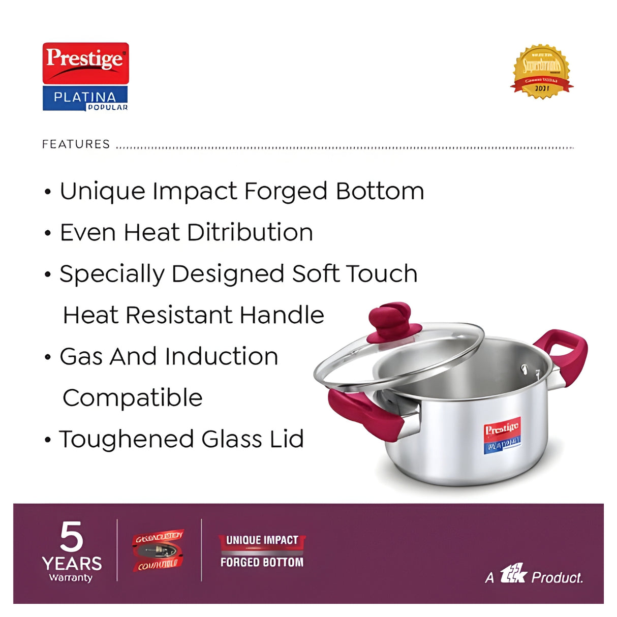 Prestige Platina Popular SS Forged Bottom Casserole with Glass Lid - 24 cm \ 5.5 L_3