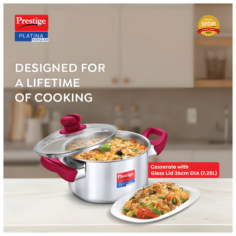 Prestige Platina Popular SS Forged Bottom Casserole with Glass Lid - 26 cm \ 7.25 L_2
