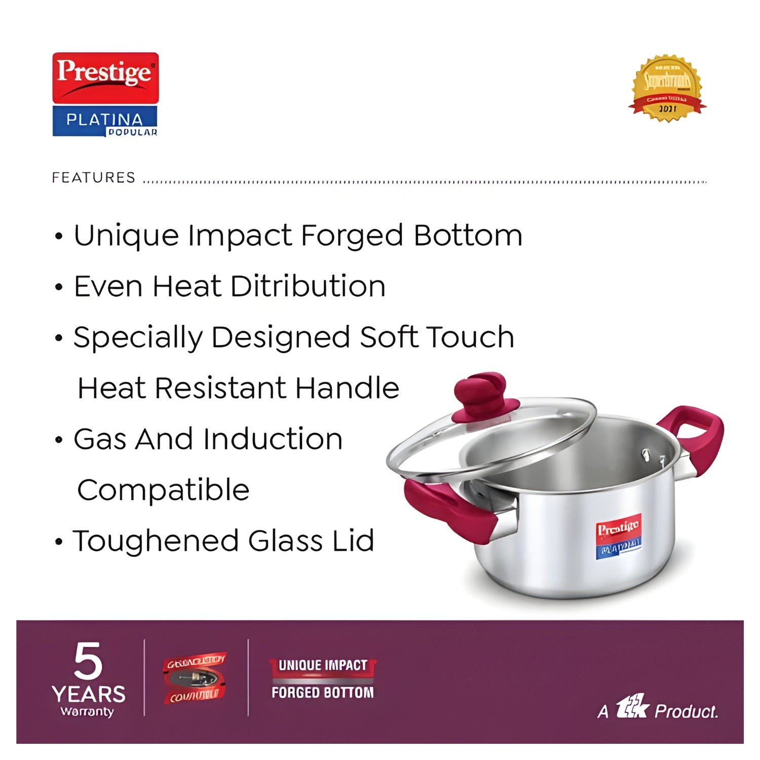 Prestige Platina Popular SS Forged Bottom Casserole with Glass Lid - 26 cm \ 7.25 L_3