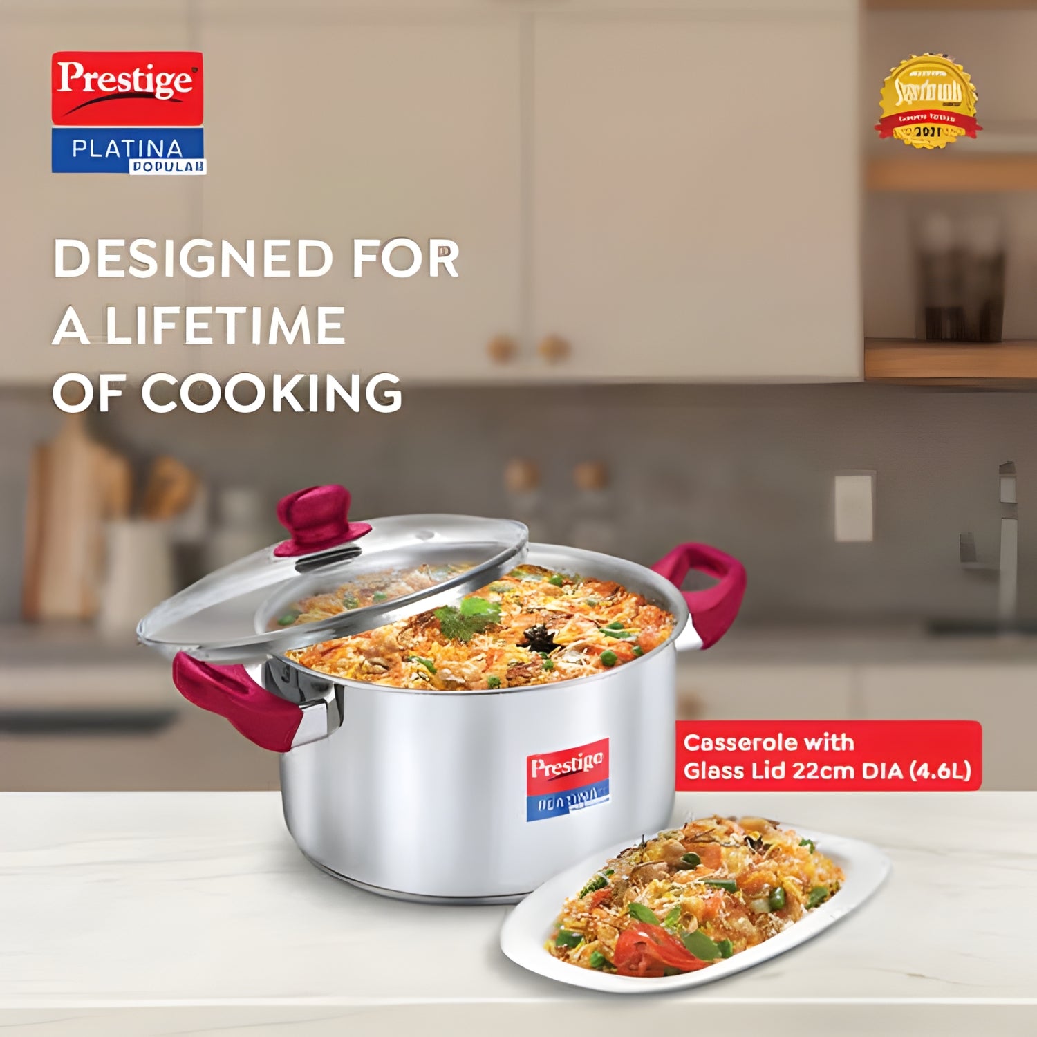 Prestige Platina Popular Stainless Steel Forged Bottom Casserole with Glass Lid 22 cm \ 4.6 L_2