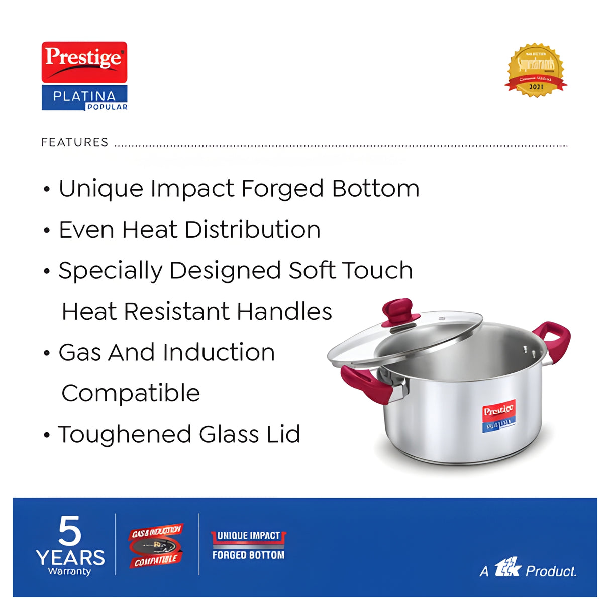 Prestige Platina Popular Stainless Steel Forged Bottom Casserole with Glass Lid 22 cm \ 4.6 L_3