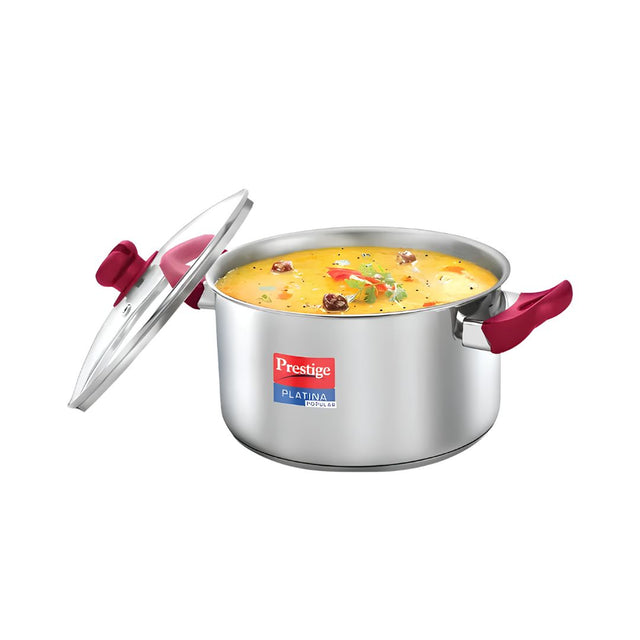 Prestige Platina Popular Stainless Steel Forged Bottom Casserole with Glass Lid 22 cm _ 4.6 L_Front View