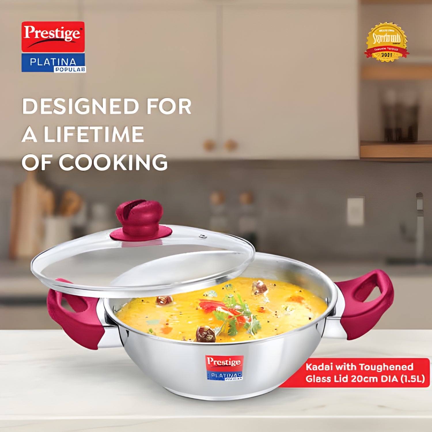 Prestige Platina Popular Stainless Steel Forged Bottom Kadai with Glass Lid 20 cm \ 1.5 L_3