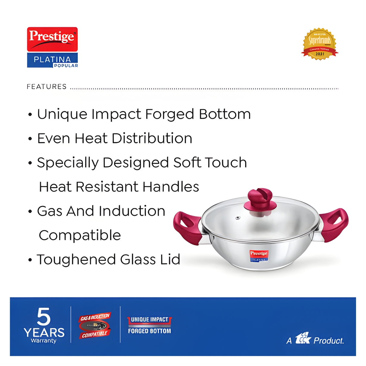 Prestige Platina Popular Stainless Steel Forged Bottom Kadai with Glass Lid 20 cm \ 1.5 L_4