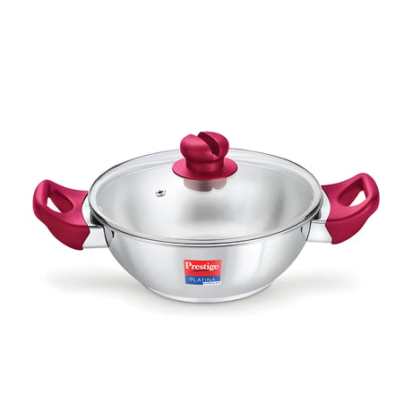 Prestige Platina Popular Stainless Steel Forged Bottom Kadai with Glass Lid 22 cm \ 2.25 L_1