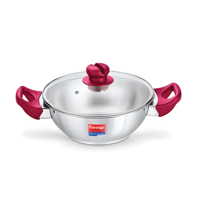 Prestige Platina Popular Stainless Steel Forged Bottom Kadai with Glass Lid 22 cm \ 2.25 L_1