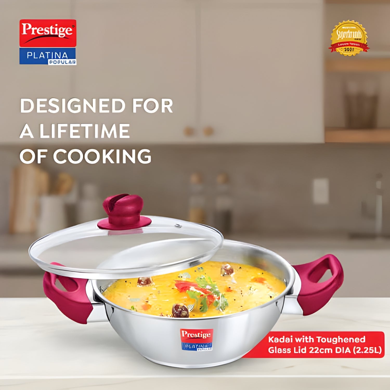 Prestige Platina Popular Stainless Steel Forged Bottom Kadai with Glass Lid 22 cm \ 2.25 L_2