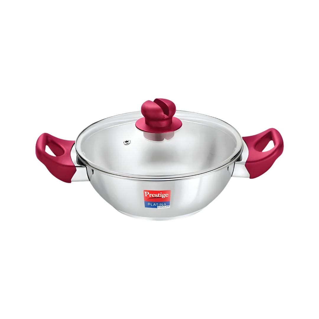 Prestige Platina Popular Stainless Steel Forged Bottom Kadai with Glass Lid 22 cm _ 2.25 L_Front View