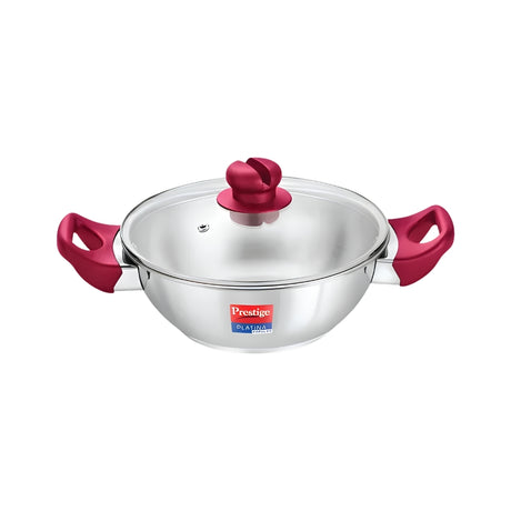 Prestige Platina Popular Stainless Steel Forged Bottom Kadai with Glass Lid 22 cm _ 2.25 L_Front View