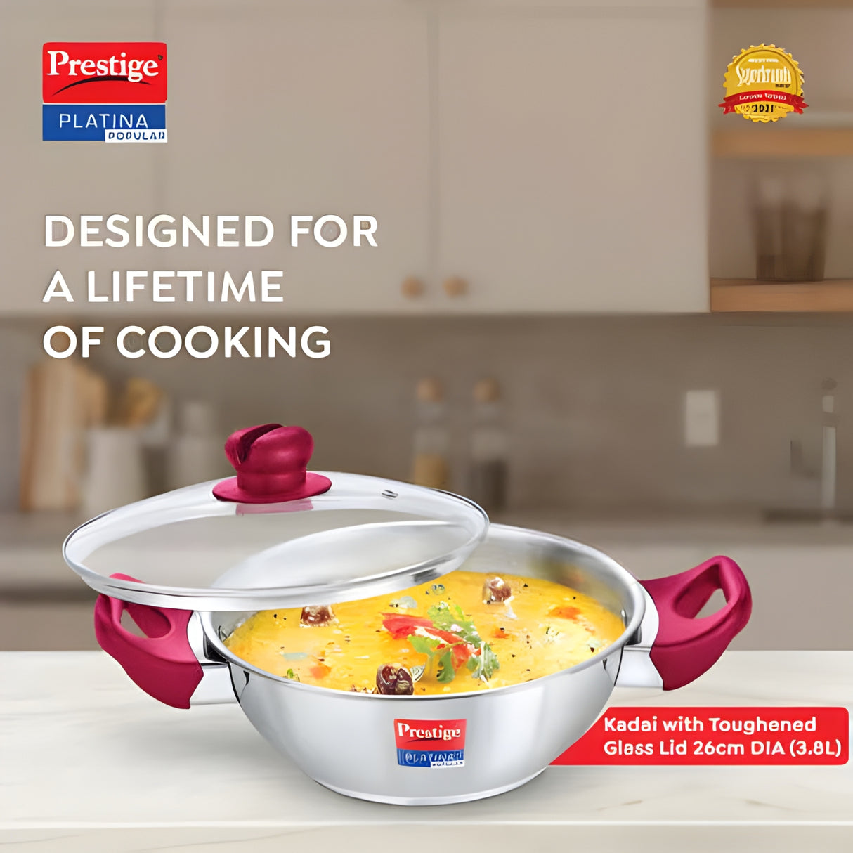 Prestige Platina Popular Stainless Steel Forged Bottom Kadai with Glass Lid 26 cm \ 3.8 L_2