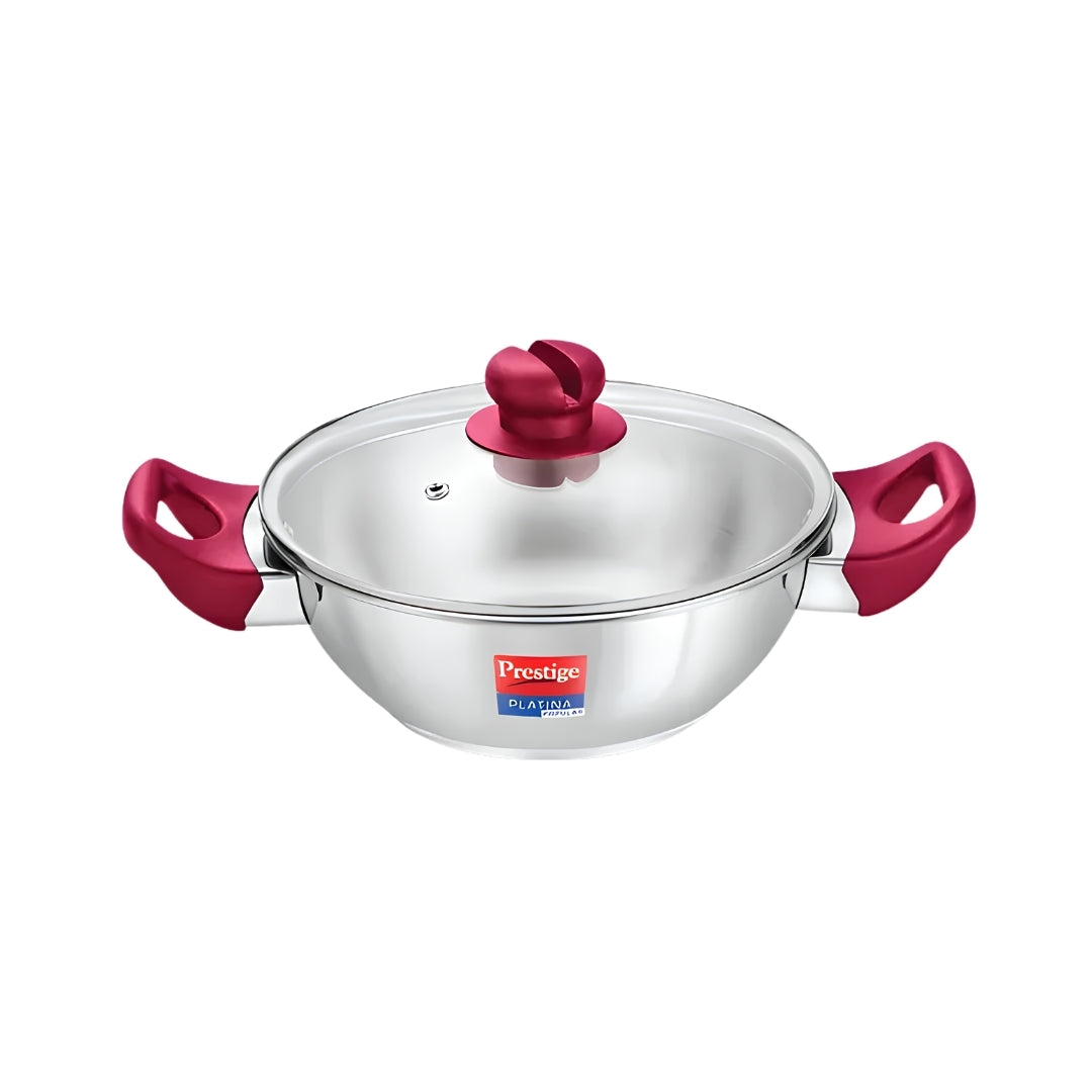 Prestige Platina Popular Stainless Steel Forged Bottom Kadai with Glass Lid 26 cm _ 3.8 L_Front View