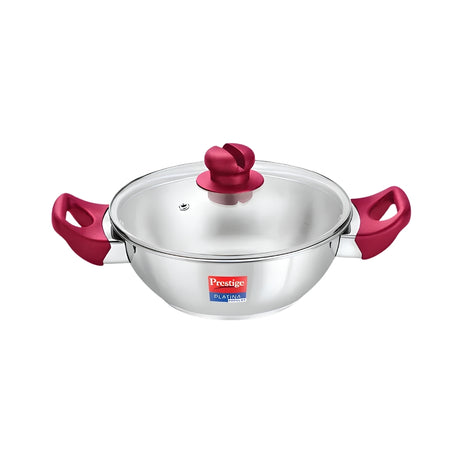 Prestige Platina Popular Stainless Steel Forged Bottom Kadai with Glass Lid 26 cm _ 3.8 L_Front View