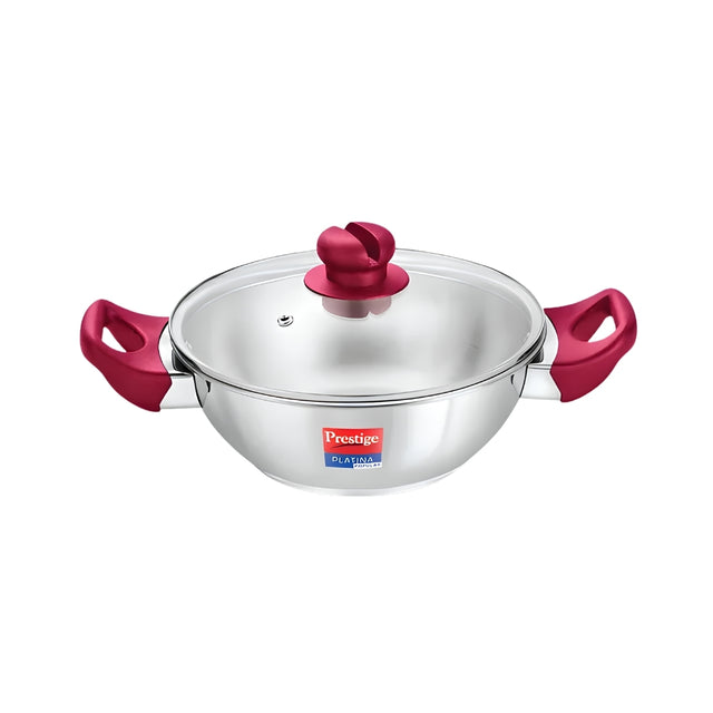 Prestige Platina Popular Stainless Steel Forged Bottom Kadai with Glass Lid 26 cm _ 3.8 L_Front View