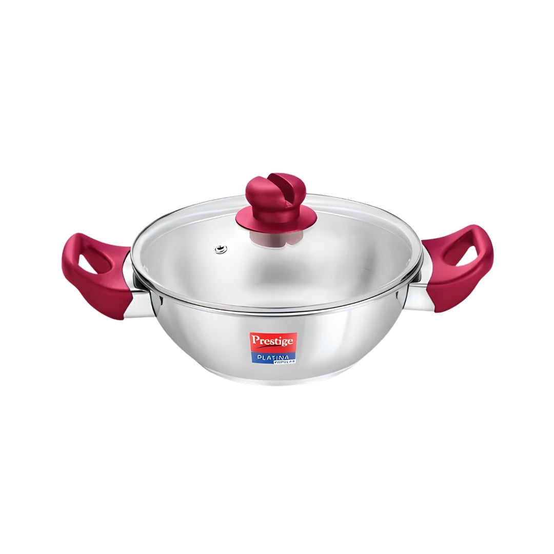 Prestige Platina Popular Stainless Steel Forged Bottom Kadai with Glass Lid 30 cm _ 5.5 L_Front View
