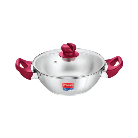 Prestige Platina Popular Stainless Steel Forged Bottom Kadai with Glass Lid 30 cm _ 5.5 L_Front View