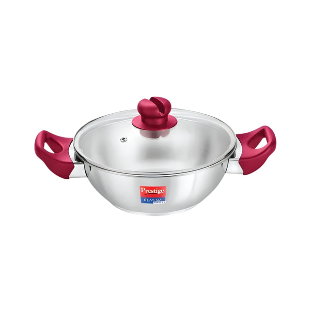 Prestige Platina Popular Stainless Steel Forged Bottom Kadai with Glass Lid 30 cm _ 5.5 L_Front View