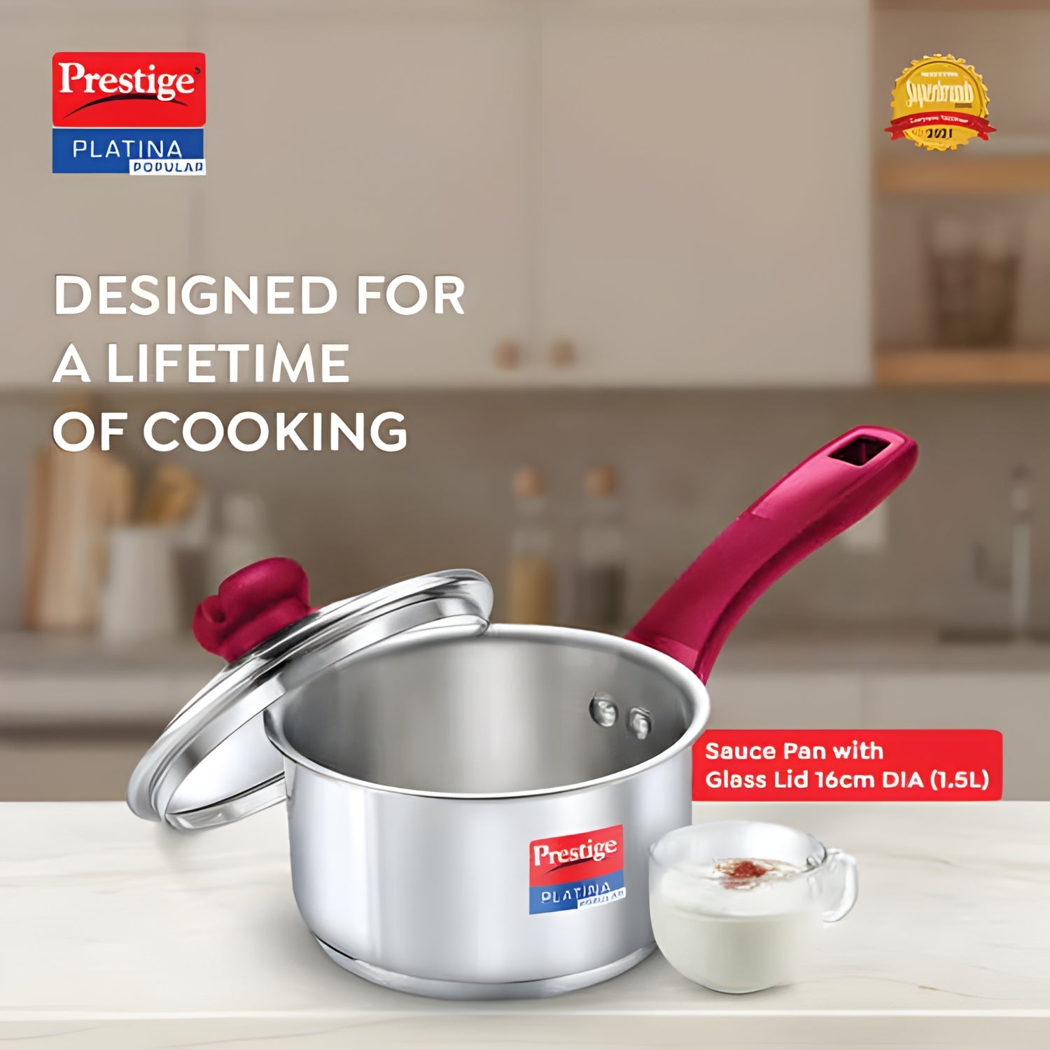 Prestige Platina Popular Stainless Steel Forged Bottom Sauce Pan with Glass Lid 16 cm \ 1.5 L_2