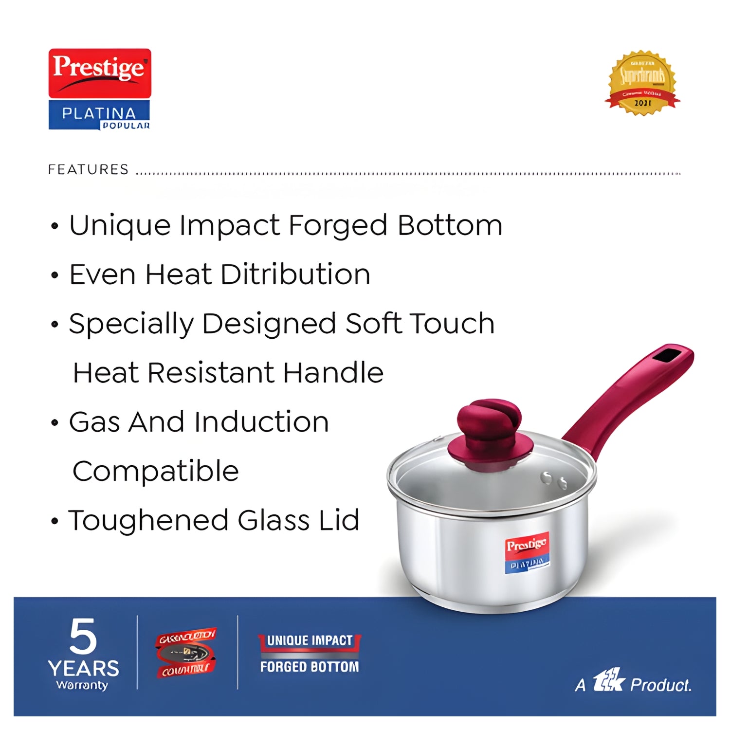 Prestige Platina Popular Stainless Steel Forged Bottom Sauce Pan with Glass Lid 16 cm \ 1.5 L_3