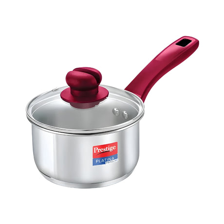 Prestige Platina Popular Stainless Steel Forged Bottom Sauce Pan with Glass Lid 16 cm \ 1.5 L_Front View