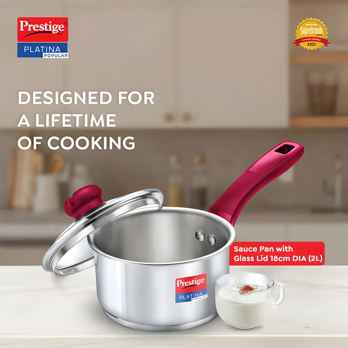 Prestige Platina Popular Stainless Steel Forged Bottom Sauce Pan with Glass Lid 18 cm \ 2 L_2