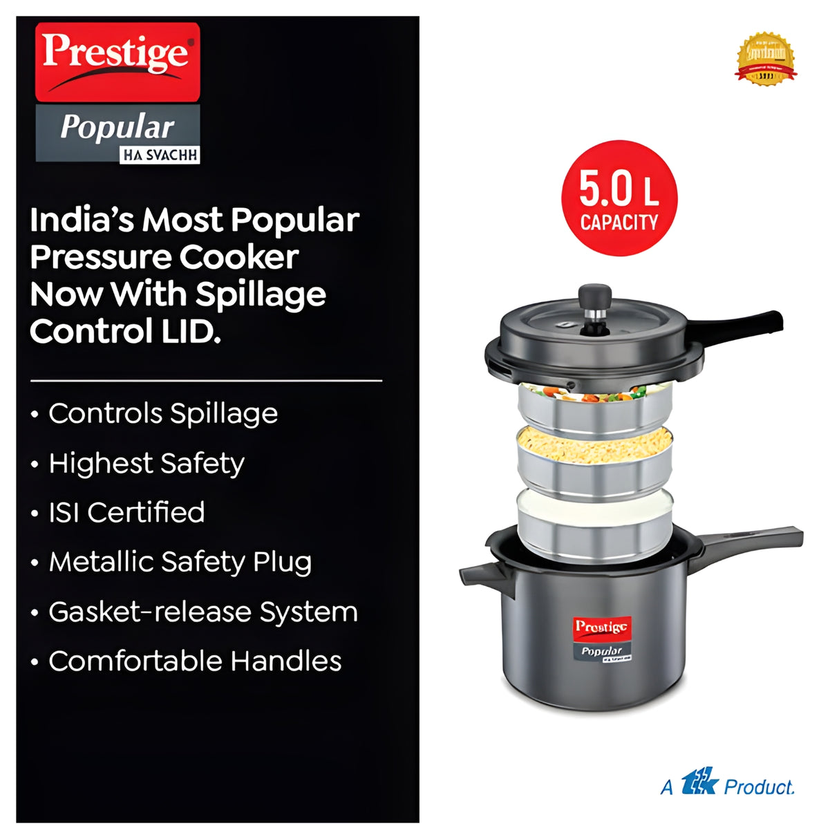 Prestige Popular Svachh Hard Anodised Pressure Cooker 5 L - Black_5