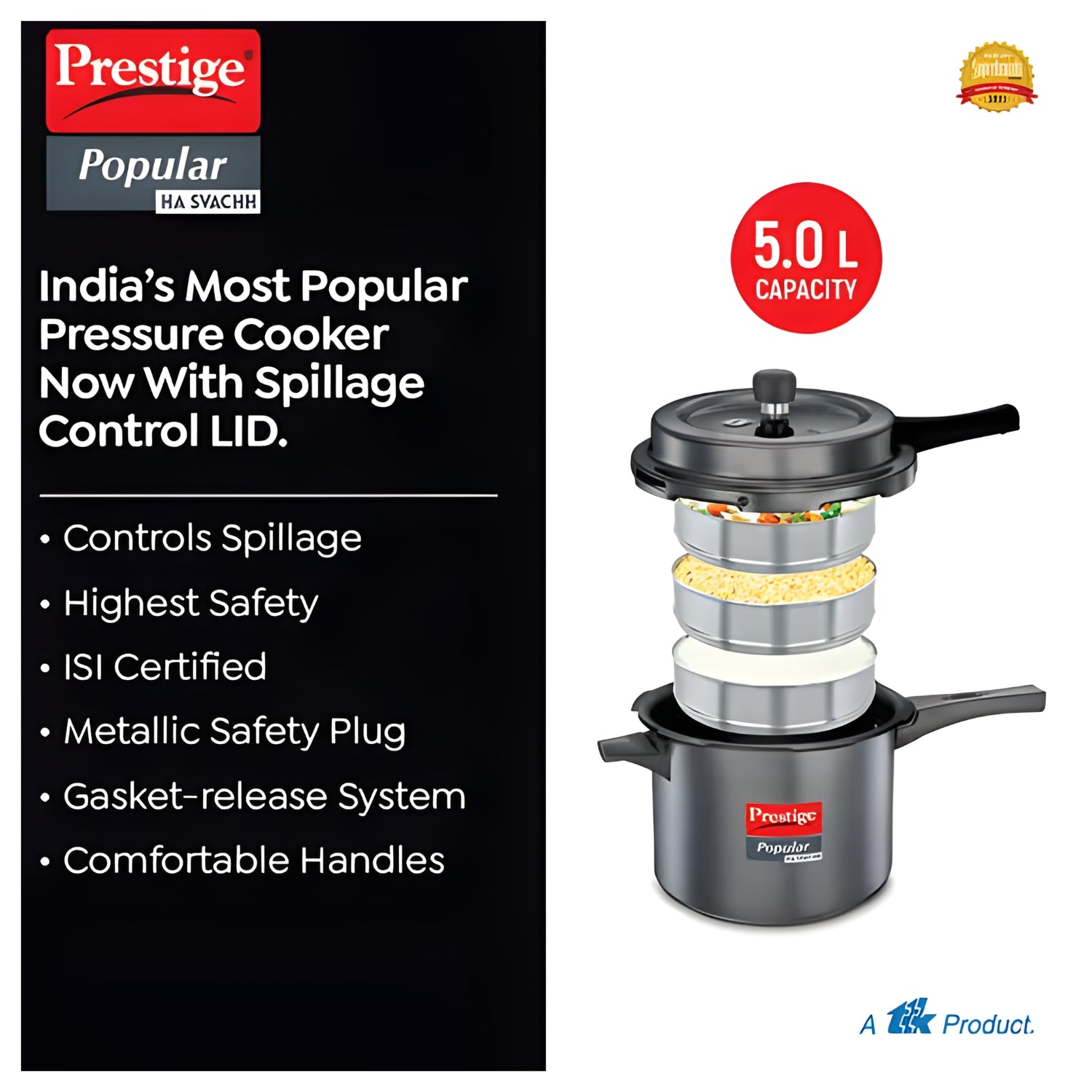 Prestige Popular Svachh Hard Anodised Pressure Cooker 5 L - Black_5