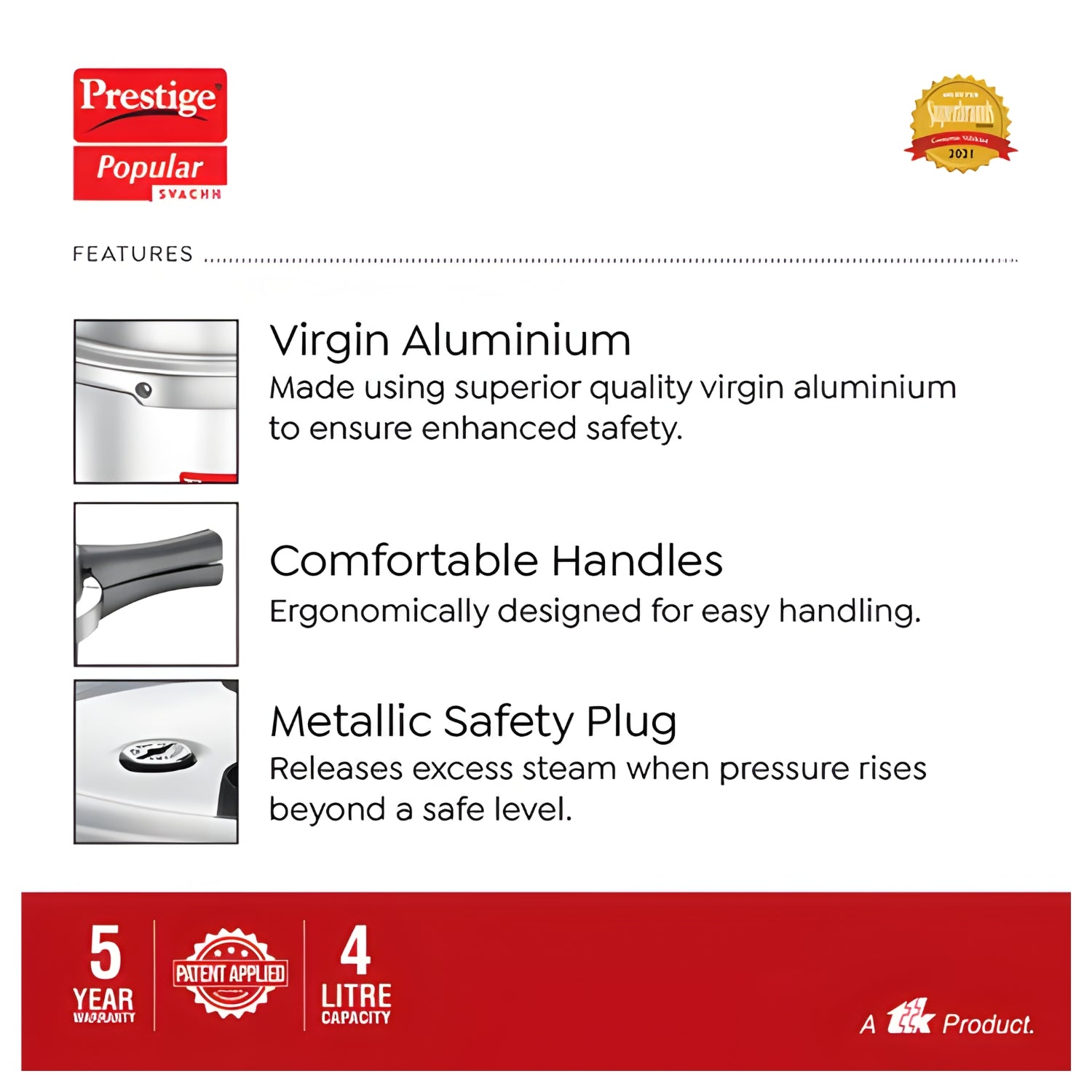 Prestige Popular Svachh Virgin Aluminium Spillage Control Pressure Cooker 4 L_4