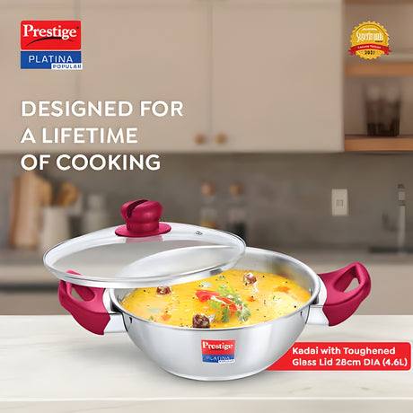Prestige SS Platina Popular Kadai with Glass Lid – 28 cm \ 4.6 L_2