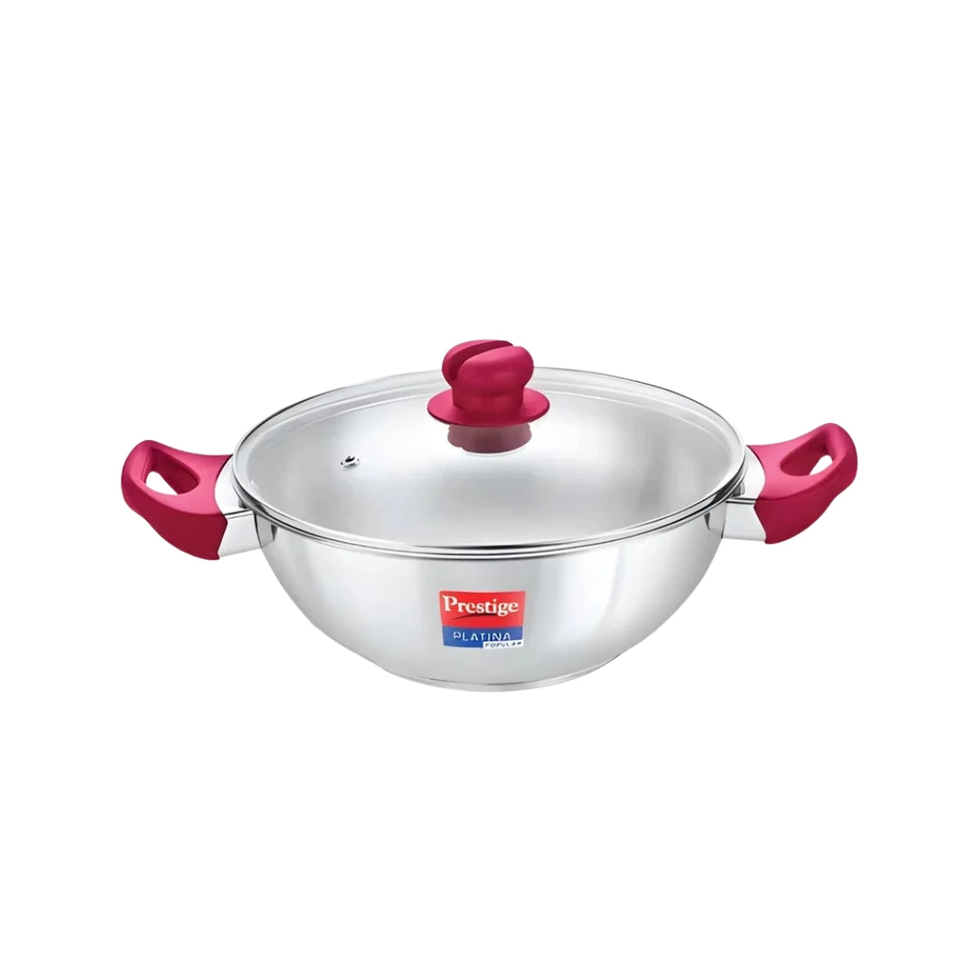 Prestige SS Platina Popular Kadai with Glass Lid 28 cm 4.6 L_Front View