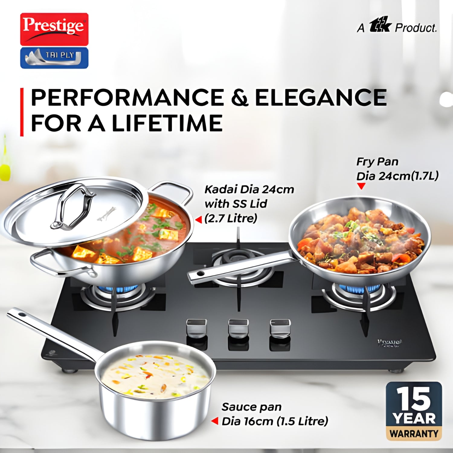 Prestige Tri-Ply BYK Cookware Set 3 Piece - Fry Pan 24 cm \ 1.7 L, Kadai 24 cm \ 2.7 L with SS Lid, Sauce Pan 16 cm \1.5 L_2