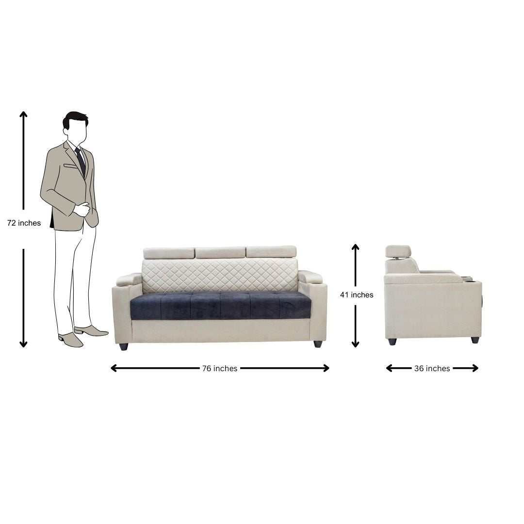 Denver Pro Head Rest Fabric Sofa 3 Seater - Half White and Grey