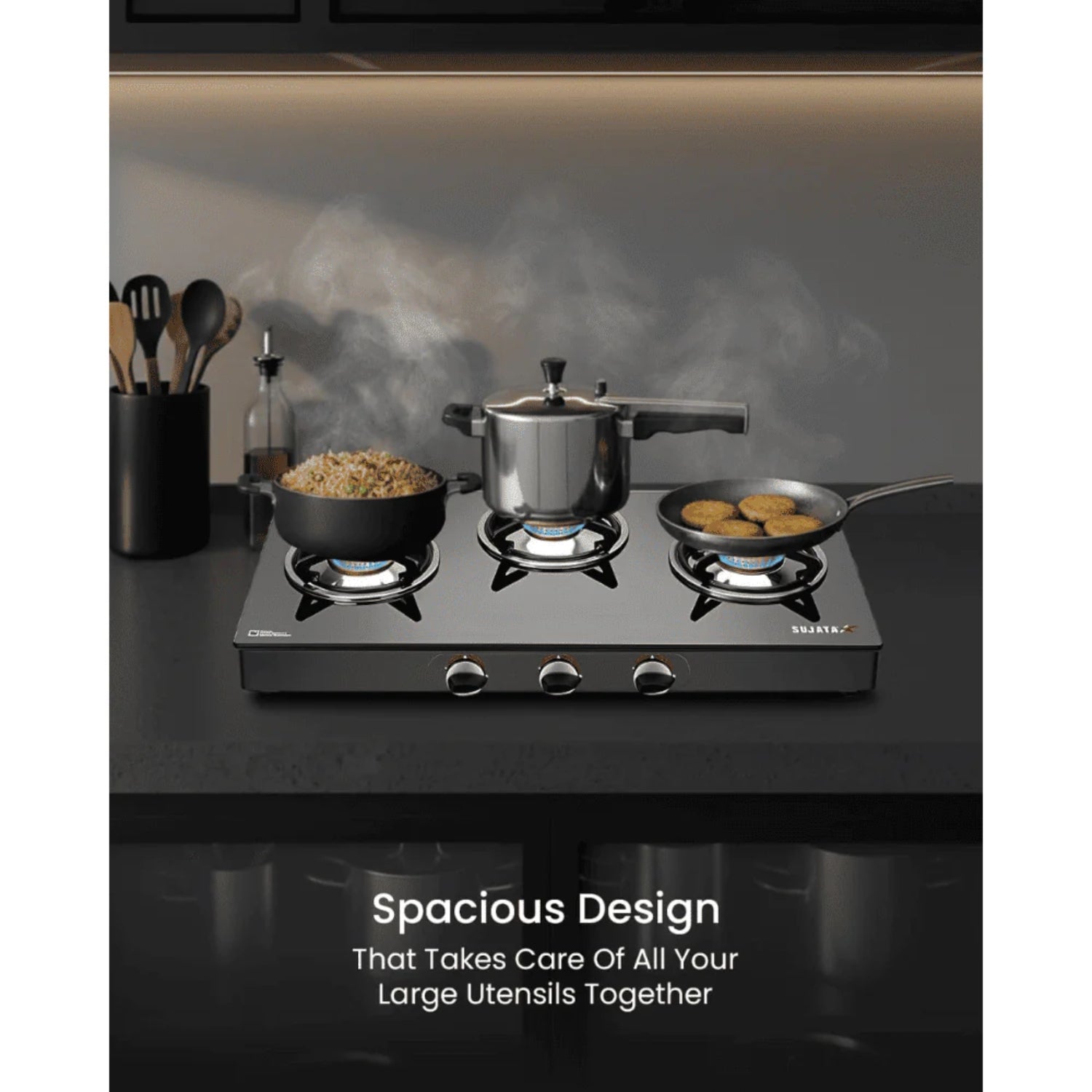 Sujata Standard 3 Burner Toughened Glass Top Gas Stove - Black_5