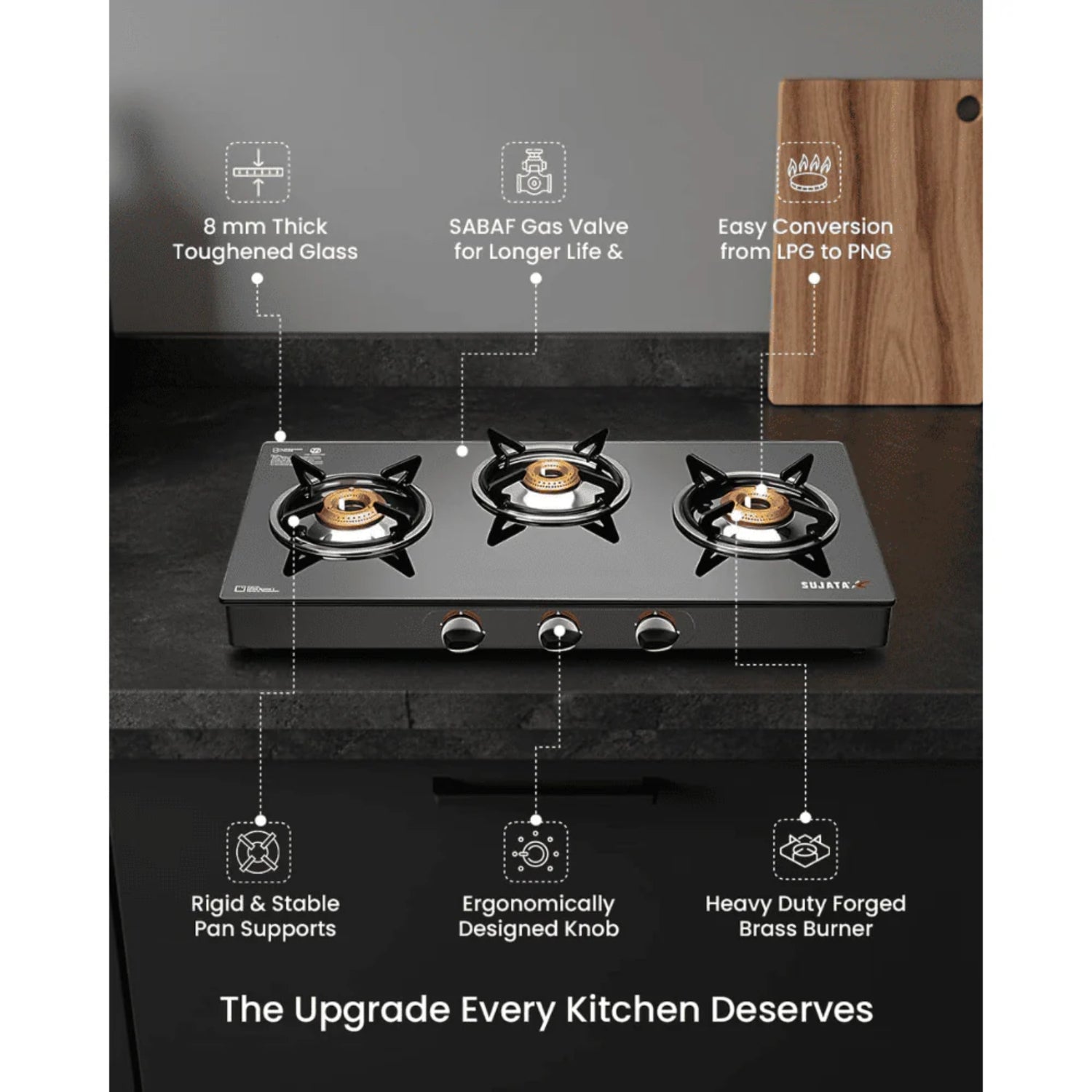 Sujata Standard 3 Burner Toughened Glass Top Gas Stove - Black_6