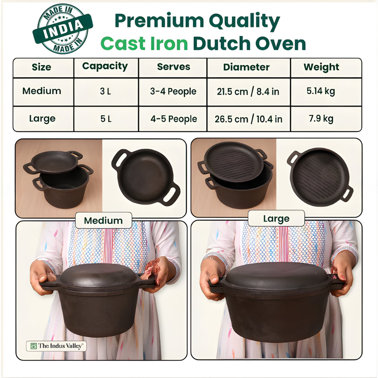 The Indus Valley Cast Iron 2 in 1 Dutch Oven with Lid 5 L - Black_2