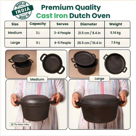The Indus Valley Cast Iron 2 in 1 Dutch Oven with Lid 5 L - Black_2