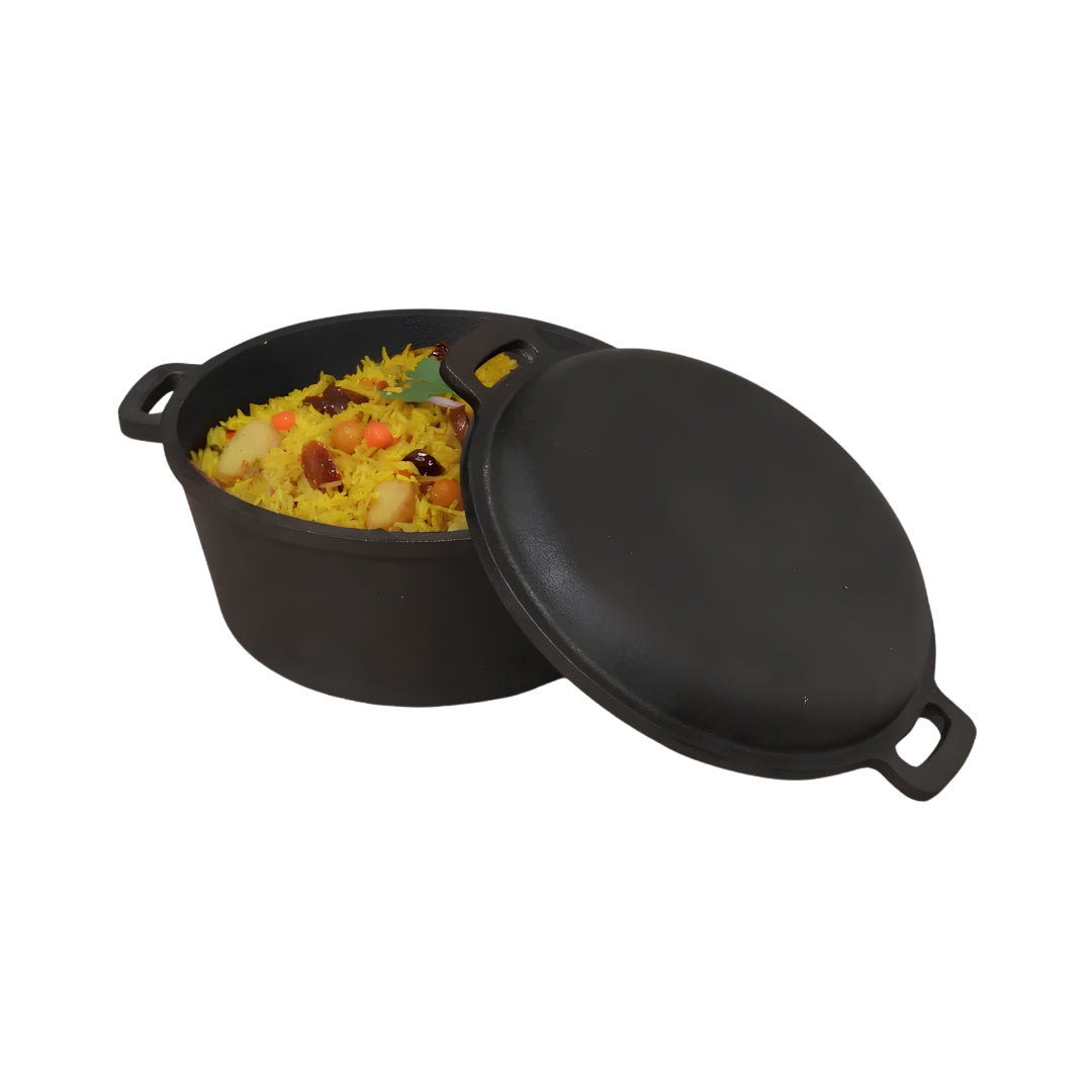 The Indus Valley Cast Iron 2 in 1 Dutch Oven with Lid 5 L - Black_Front View