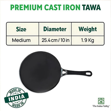 The Indus Valley Cast Iron Concave Tawa 25.4 cm - Black_Dimnesions