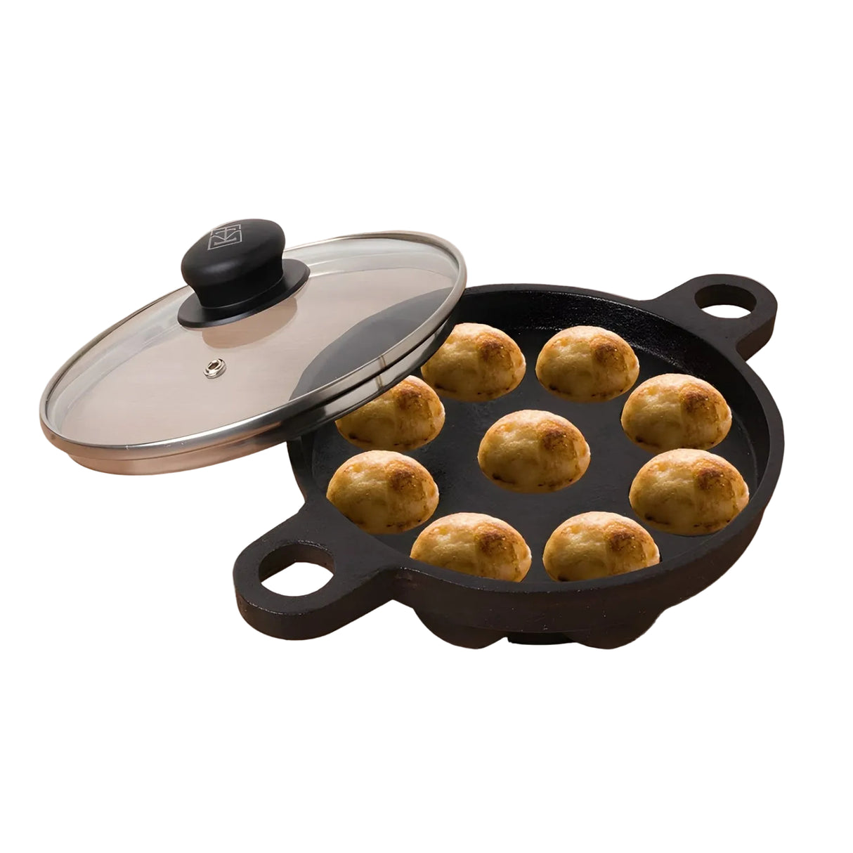 The Indus Valley Cast Iron Paniyaram Pan with Glass Lid 9 Pit - Black_1