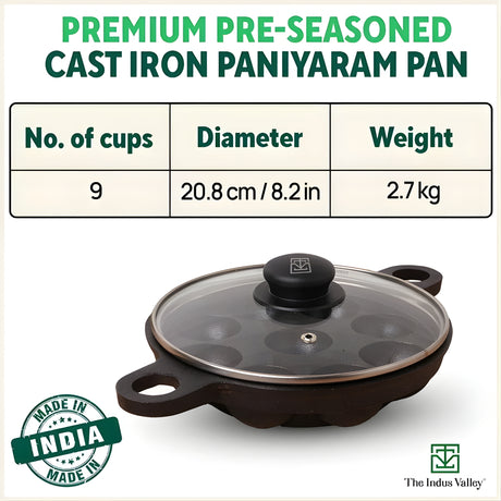 The Indus Valley Cast Iron Paniyaram Pan with Glass Lid 9 Pit - Black_2