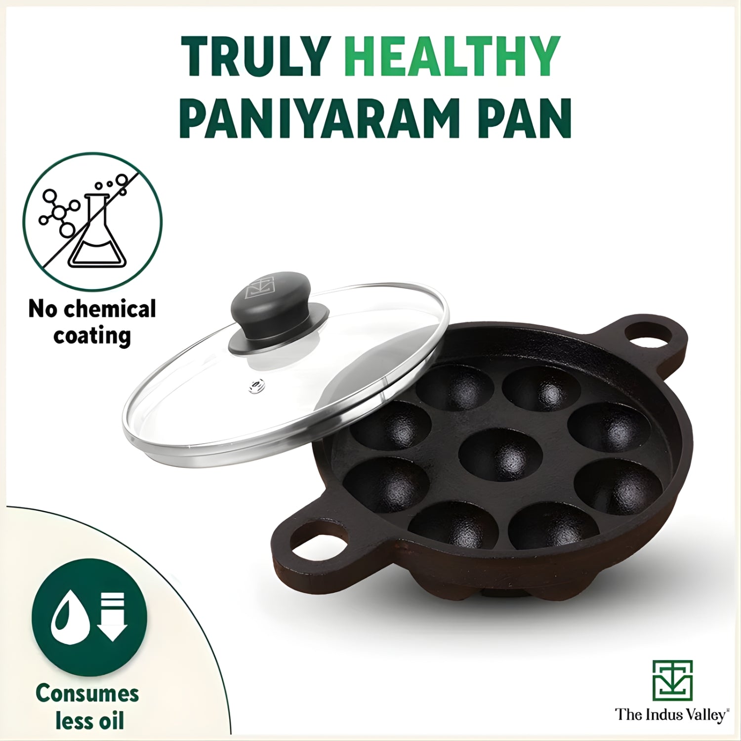 The Indus Valley Cast Iron Paniyaram Pan with Glass Lid 9 Pit - Black_3