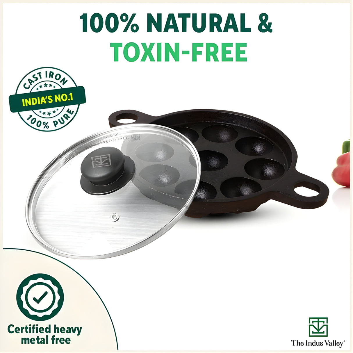 The Indus Valley Cast Iron Paniyaram Pan with Glass Lid 9 Pit - Black_4