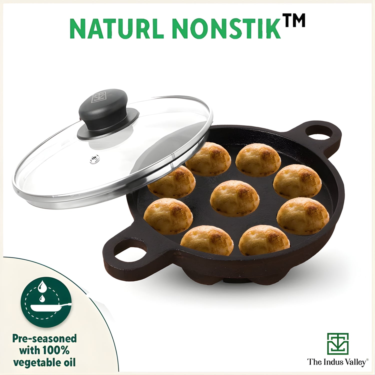 The Indus Valley Cast Iron Paniyaram Pan with Glass Lid 9 Pit - Black_6