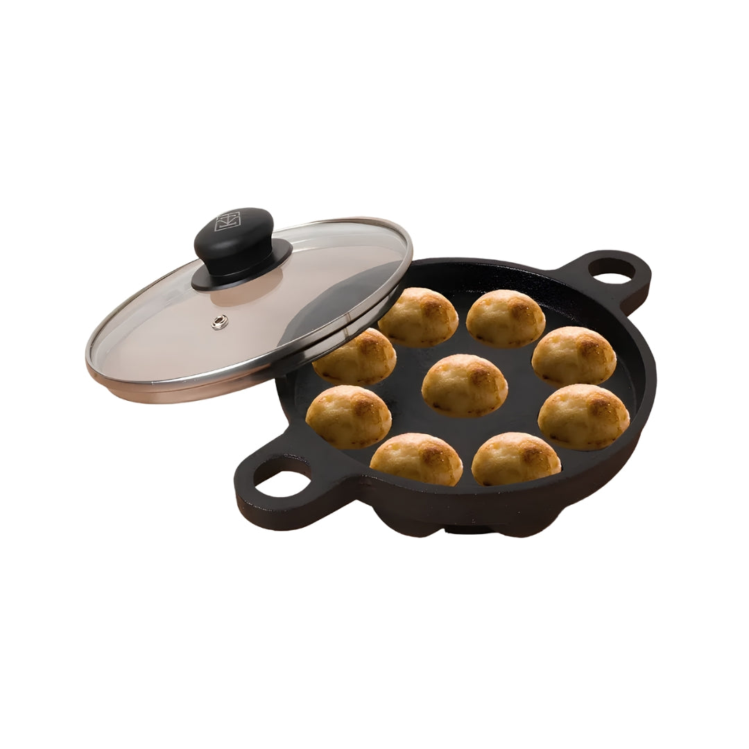 The Indus Valley Cast Iron Paniyaram Pan with Glass Lid 9 Pit - Black_Front View