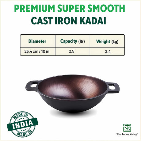 The Indus Valley Cast Iron Smooth Kadai 10 in \ 2.5 L - Black_2