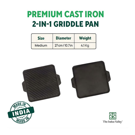 The Indus Valley Cast Iron Square Griddle Pan with Double Handle 27 cm - Black_2