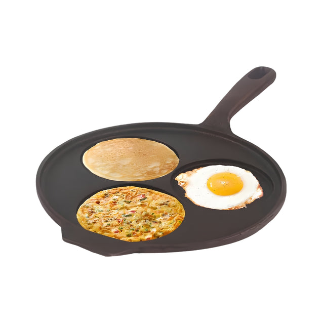 The Indus Valley Cast Iron Uthappam Pan 3 Pit - Black_Front View