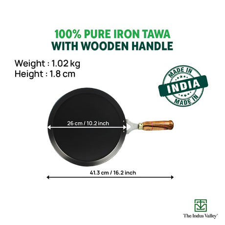 The Indus Valley Natural Cookware Pre-Seasoned Cast Iron Dosa Tawa 25.8 cm - Black_Dimensions  View